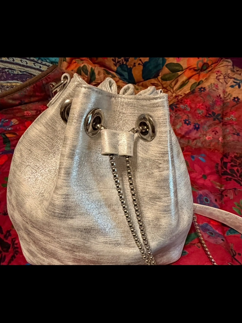 Silver Drawstring Bucket Bag with Chain Strap